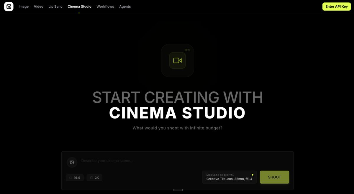 Open Generative AI Cinema Studio interface loaded in the browser