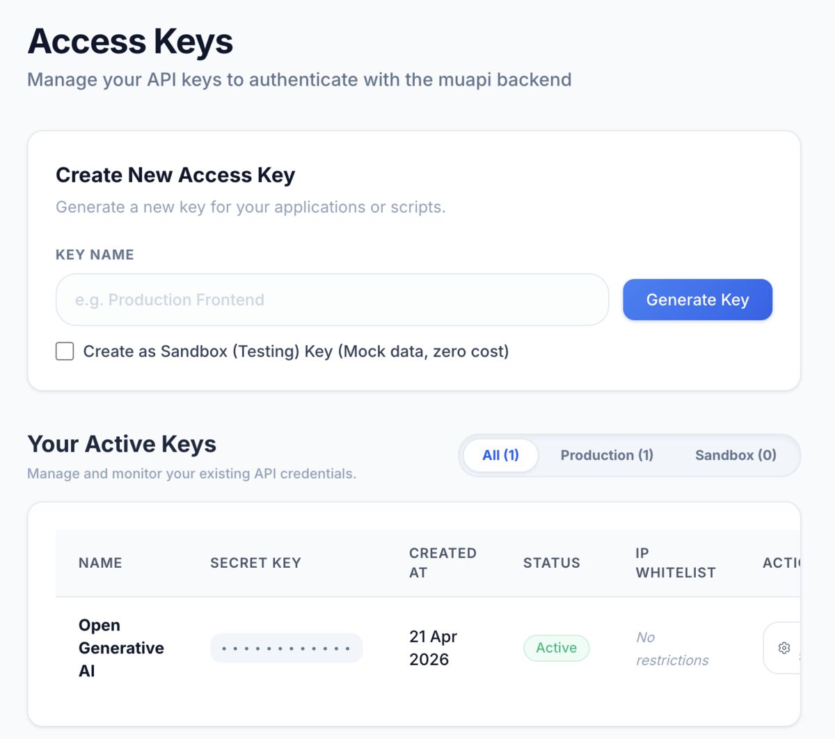 muapi Access Keys page with the Generate Key form and an existing Open Generative AI key listed below