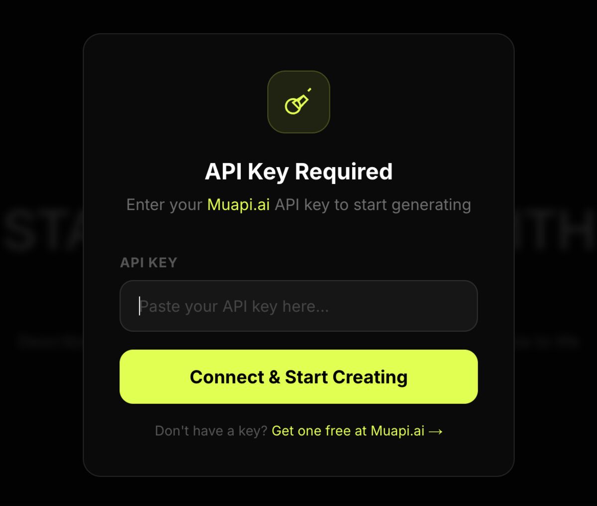 Open Generative AI API Key Required modal with a paste field and Connect & Start Creating button