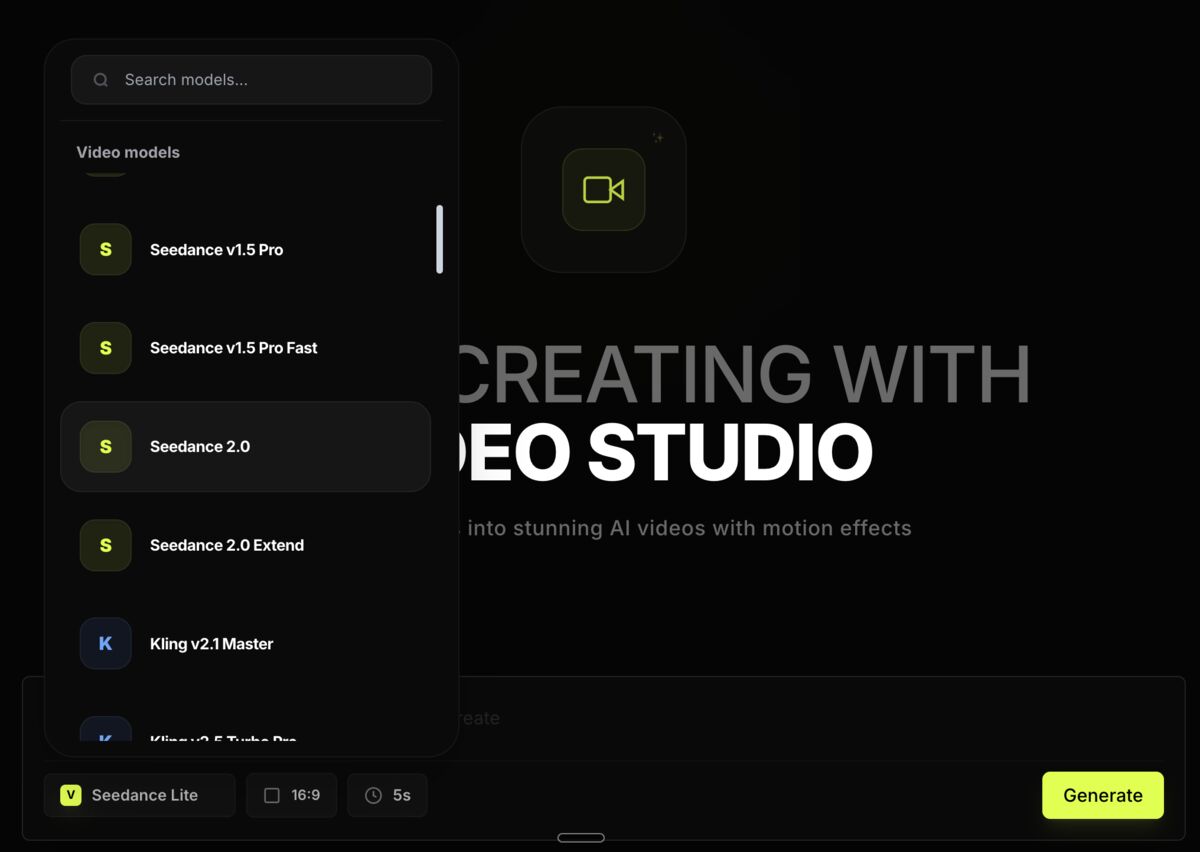 Open Generative AI Video studio with Seedance 2.0 and Kling models in the dropdown