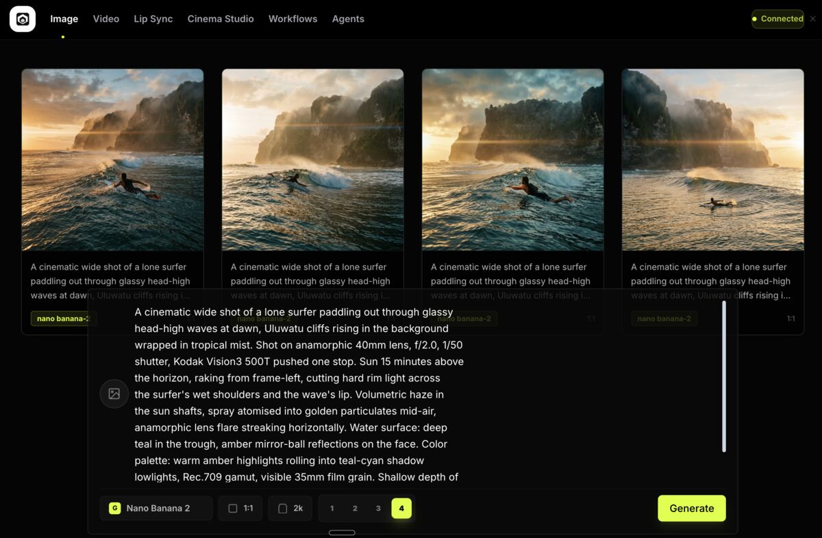 Open Generative AI Image studio showing four generated surfer images from a single prompt