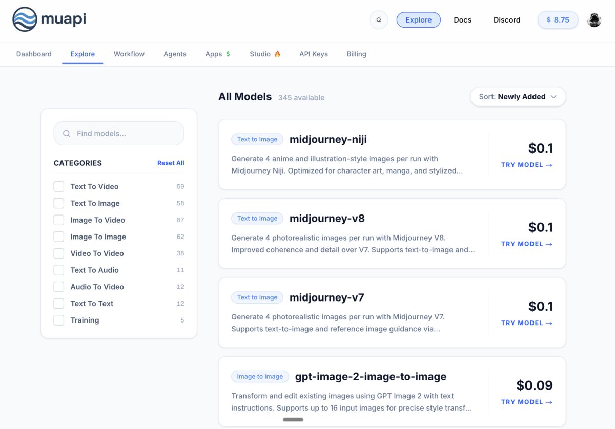 muapi model explorer showing per-model pricing for image and video models